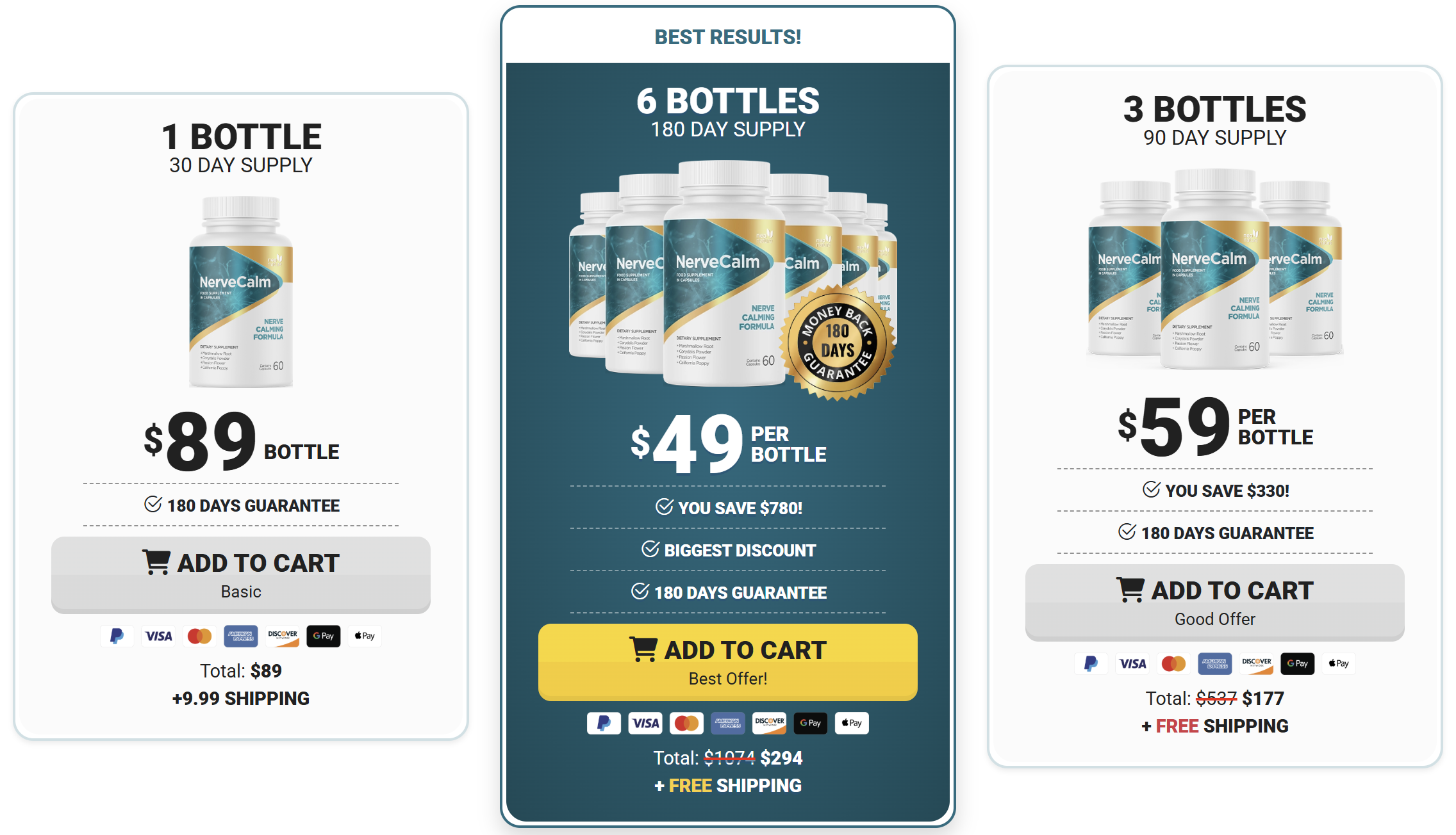 NerveCalm pricing — 1, 3, and 6 bottle packages